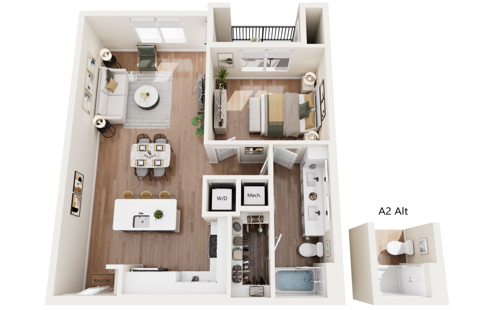 A2 - 1 bedroom floorplan layout with 1 bathroom and 817 - 883 square feet
