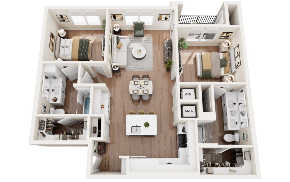 B1 - 2 bedroom floorplan layout with 2 bathrooms and 1071 - 1134 square feet