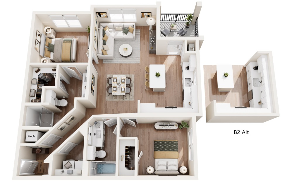 B2 - 2 bedroom floorplan layout with 2 bathrooms and 1093 - 1169 square feet