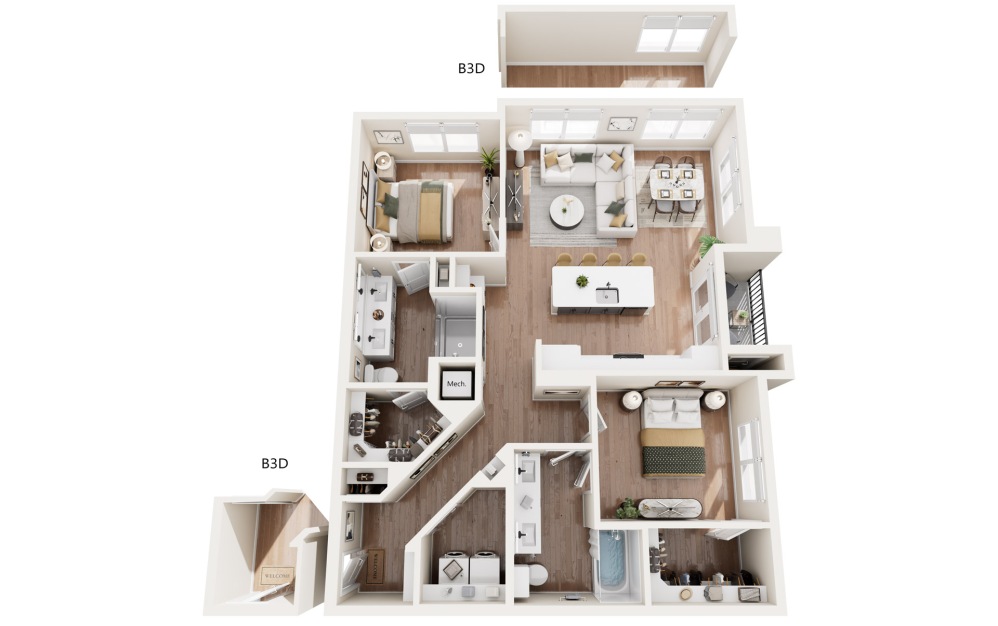 B3 - 2 bedroom floorplan layout with 2 bathrooms and 1167 - 1214 square feet