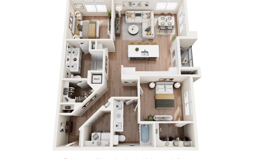 B4 - 2 bedroom floorplan layout with 2 bathrooms and 1197 - 1244 square feet