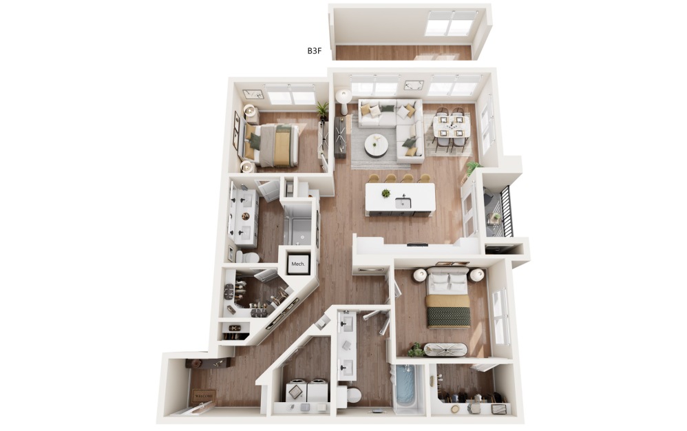B5 - 2 bedroom floorplan layout with 2 bathrooms and 1167 - 1225 square feet