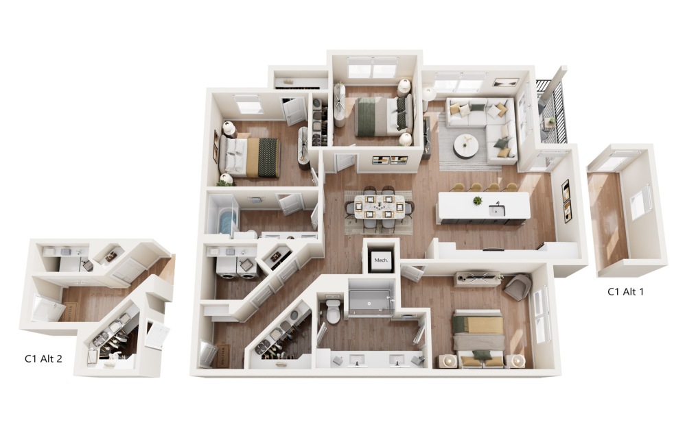 C1 - 3 bedroom floorplan layout with 2 bathrooms and 1347 - 1411 square feet