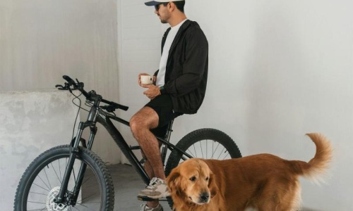 a man sitting on a bike next to a dog